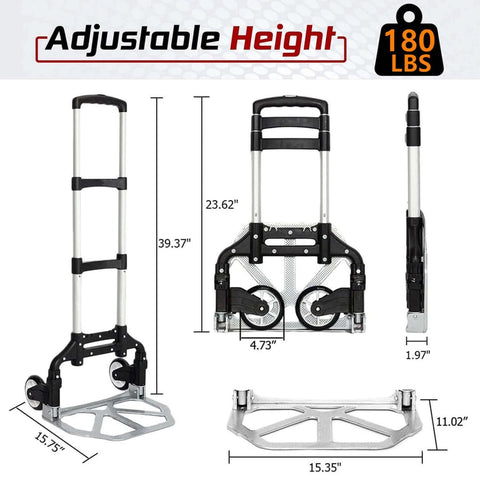 Folding aluminum hand truck cart 180 lb capacity portable travel dolly shown from different angles with adjustable handle