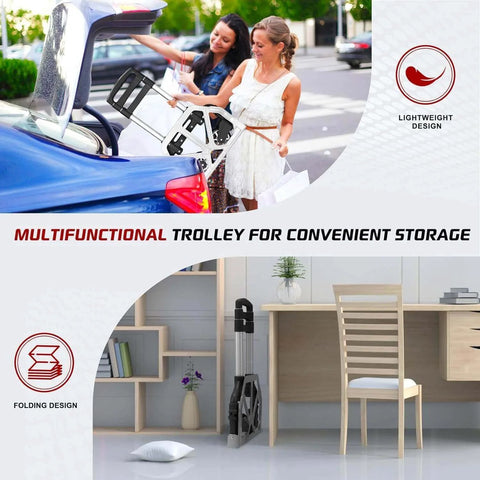 folding aluminum hand truck cart 180 lb capacity portable travel dolly shown storing easily in a car and home