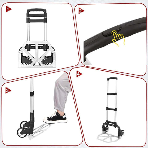 Collage of folding aluminum hand truck cart 180 lb capacity portable travel dolly showing handle, button, and folding mechanism