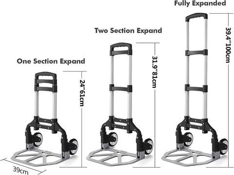 Folding aluminum hand truck cart 180 lb capacity portable travel dolly shown in three expansion stages with dimensions.