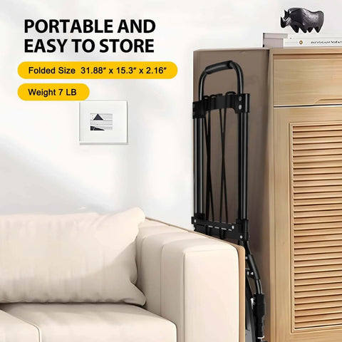 J Folding Hand Truck and Dolly, 200 LB Capacity Upgraded Aluminum Dolly Cart folded next to a sofa, compact for easy storage, black.