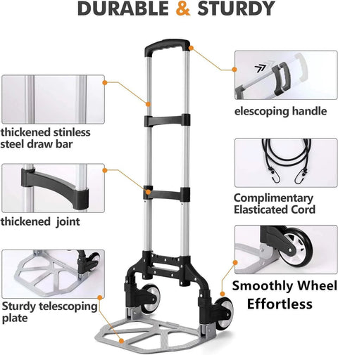 Folding aluminum hand truck cart 180 lb capacity portable travel dolly with telescoping handle and elasticated cord features