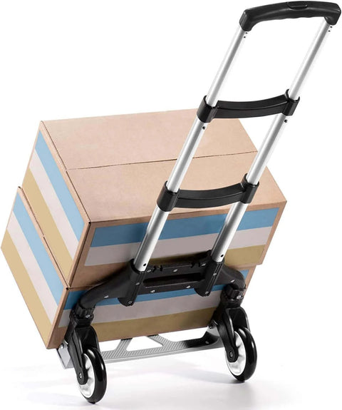 Folding aluminum hand truck cart 180 lb capacity portable travel dolly loaded with boxes on telescoping handle