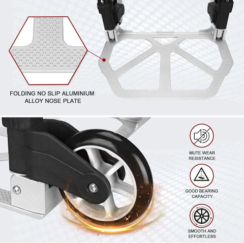 Close-up of folding aluminum hand truck cart with 180 lb capacity showing no-slip nose plate and durable wheels