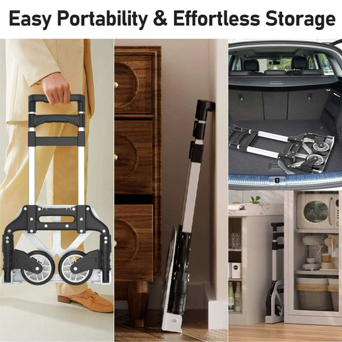 ✝️ Folding Hand Truck - Aluminum Portable Dolly Cart with Telescopic Handle, Bungee Cord - Compact Lightweight Foldable Luggage Cart for Moving, Home, Auto, 180lbs, Black shown folded and stored in various locations.