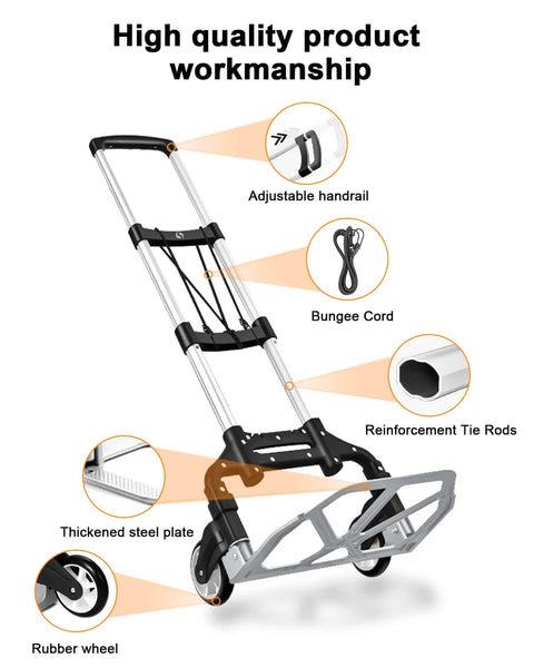 Folding Hand Truck with adjustable handrail, bungee cord, and rubber wheels. Lightweight aluminum luggage cart for moving utility.