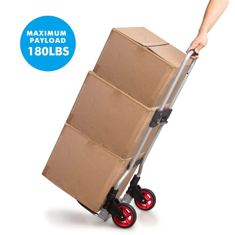 Person uses Dolly Cart Folding Hand Truck and Dolly,Steel Portable Cart with Telescoping Handle and Nylon+Rubber Wheels 180 lbs Capacity to move boxes.