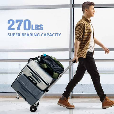 Person using 270LBS Utility Luggage Cart with 4 Wheels, 100% Aluminum Hand Truck Dolly, carrying stacked luggage in an airport.
