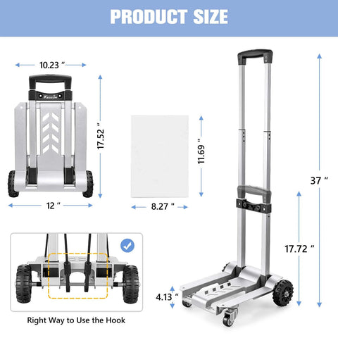 Dimensions and features of 270LBS Utility Luggage Cart with 4 Wheels, 100% Aluminum Hand Truck Dolly, shown folded and extended.