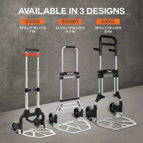 Three models of Vergo folding hand truck dolly, including 275 Ibs Capacity Folding Hand Truck Dolly – Lightweight Aluminum Frame Dolly Cart with 42" Telescoping Handle, Compact Hand Cart with 7” Rubber Wheels (S300BT).