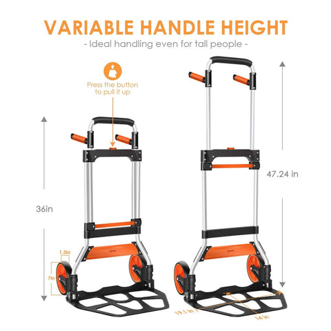 Dolly Cart, 309 lb Aluminum Folding Hand Truck with Swivel Handle shown at variable height setting, 7 inch wheels, and elastic cord.