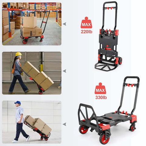 330LB Folding Hand Truck Heavy Duty Carrying, Combination of Four Wheels and Two Wheels Convertible Dolly Cart in use, showing capacity