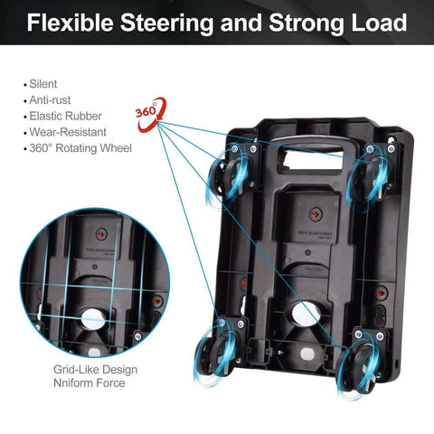 Back view of black folding hand truck dolly with 4 rotate wheels, highlighting lightweight design for moving and adjustable handle