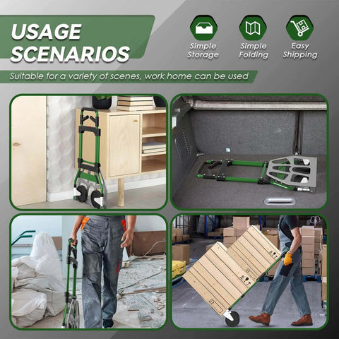 Various usage scenarios of Upgraded Folding Hand Truck Dolly Cart Heavy-Duty 375lb, indoor and outdoor demonstrations