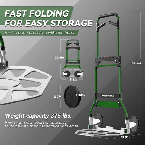 Upgraded Folding Hand Truck Dolly Cart Heavy-Duty 375lb, green aluminum design for indoor and outdoor use, side view with specs