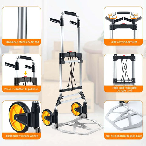 Diagram of 380 LB Capacity Folding Hand Truck Heavy Duty Foldable Dolly Cart with Wheels, featuring aluminum frame and telescoping handle.