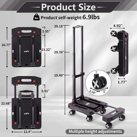 Folding Hand Truck Lightweight Hand Truck Dolly Foldable, Luggage cart with 6 Rotate Wheels and adjustable handle dimensions shown