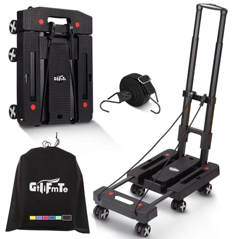 Folding Hand Truck Lightweight Hand Truck Dolly Foldable, black luggage cart with 6 rotate wheels, adjustable handle, accessories shown.