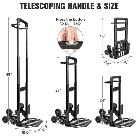 Image showing 460 LBS Stair Climbing Dolly with telescoping handle, dimensions 49.2 inches height, folding cart with wheels for stairs.