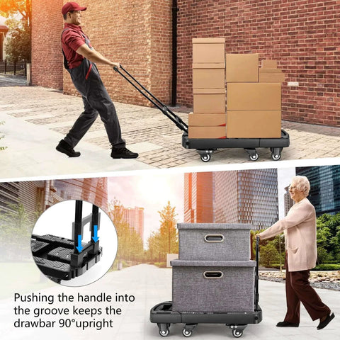 Two people using a Folding Hand Truck 500lb Capacity With 6 Wheels Collapsible Luggage Cart and Elastic Ropes for transporting boxes.