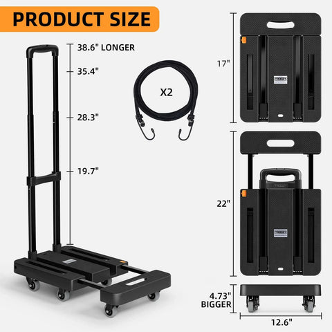 Folding heavy duty hand truck 500 lb luggage cart with 6 wheels and straps, showing measurements and elastic ropes