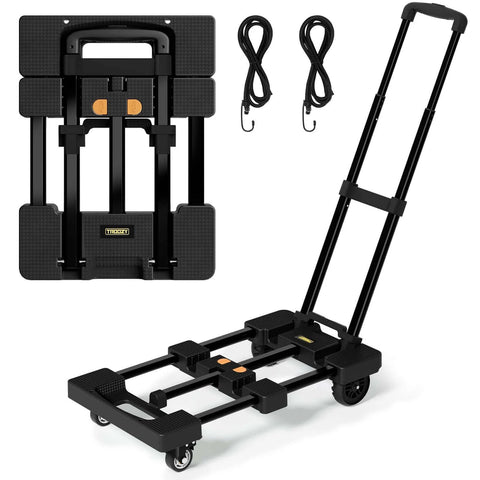 Folding Hand Truck 500 LB, Portable Heavy Duty Dolly Cart with 4 Wheels, extendable plate, and elastic straps for travel and moving.