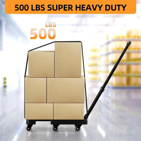 Side view of folding heavy duty hand truck 500 lb luggage cart with 6 wheels and stacked boxes in a warehouse