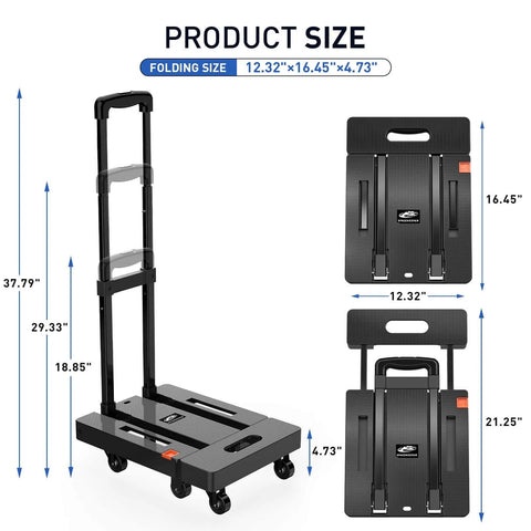 ✝️ Folding Hand Truck, 500 LB Heavy Duty Luggage Cart, Utility Dolly Platform Cart dimensions and folding size details, Black.
