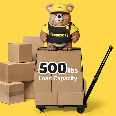 Folding Hand Truck 500 LB with stuffed bear on top, boxes showing load capacity, Portable Heavy Duty Dolly Cart, yellow background