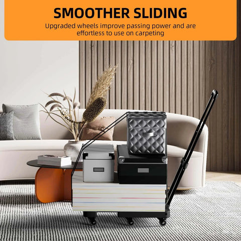 folding heavy duty hand truck 500 lb luggage cart with 6 wheels and straps loaded with boxes in living room