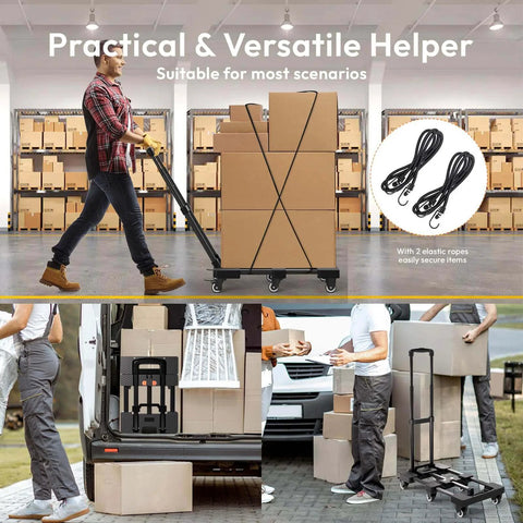 Man using ✝️ Folding Hand Truck 500lbs, Portable Heavy Duty Dolly Cart, carrying boxes in a warehouse, includes 2 elastic ropes.