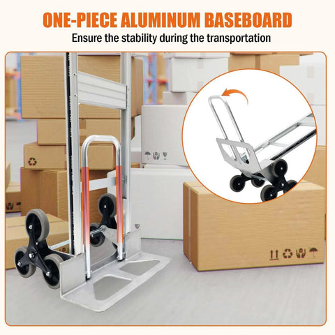 Aluminum Stair Climbing Cart, 600 lbs Capacity Stair Climber Hand Truck Dolly with 6 wheels, shown on warehouse floor with cardboard boxes