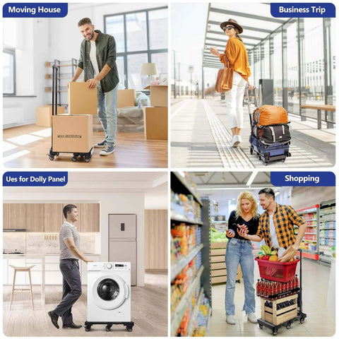 600 LBS Folding Hand Truck with 6 Wheels used in various scenarios like moving house, business trip, laundry, and shopping.