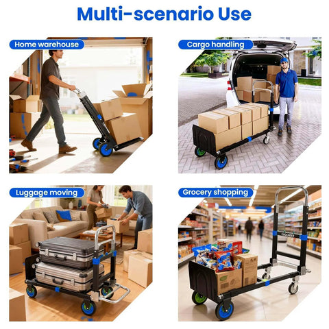 3-in-1 Folding Hand Trucks, 600Lbs Convertible Hand Truck Dolly in use for moving boxes, luggage, and groceries in various settings