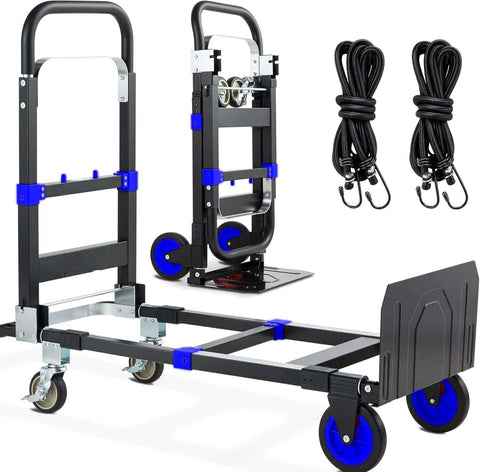 3-in-1 Folding Hand Trucks with Retractable Handle, 600Lbs Convertible Hand Truck Dolly, Heavy Duty Convertible Dolly, 4 Rubber Wheels, Blue