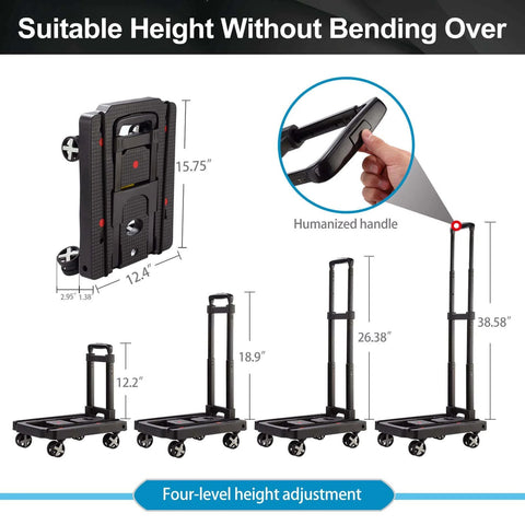 Adjustable Folding Hand Truck Dolly with 4 Rotate Wheels, shown in folded and extended positions, featuring humanized handle design