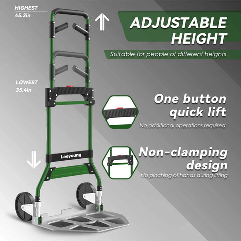 Adjustable height Upgraded Folding Hand Truck Dolly Cart Heavy-Duty 375lb with aluminum wheel bracket and green frame, front view