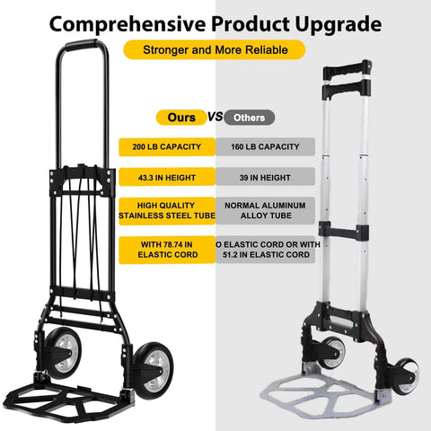 Comparison of J Folding Hand Truck and Dolly, 200 LB Capacity Upgraded Aluminum Dolly Cart with another dolly, highlighting features.