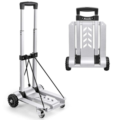 270LBS Utility Luggage Cart with 4 Wheels, 100% Aluminum Hand Truck Dolly, folded and unfolded positions, durable for travel and office use.