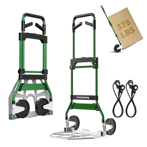 Upgraded Folding Hand Truck Dolly Cart Heavy-Duty 375lb, Aluminum Wheel Bracket & Portable Aluminum Dolly Cart displayed.