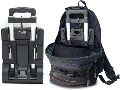Folding Hand Truck Aluminum Trolley, Small Dolly, foldable into backpack, shown with expandable large chassis and compact design.