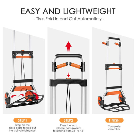 Dolly Cart, 309 lb Aluminum Folding Hand Truck with Swivel Handle, foldable with steps for easy assembly shown in three stages.