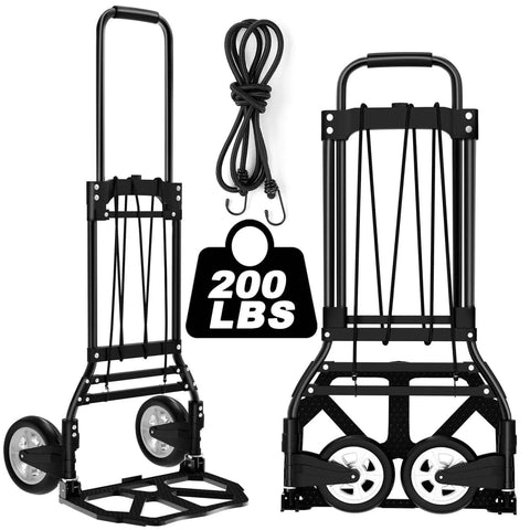 J Folding Hand Truck and Dolly, 200 LB Capacity Upgraded Aluminum Dolly Cart with wheels, extended handle, black, foldable design.