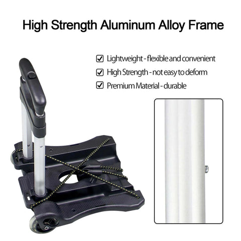 Black folding hand truck with aluminum alloy frame for travel and office use, showing lightweight design and durability features.