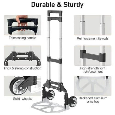 ✝️ Folding Hand Truck - Aluminum Portable Dolly Cart with Telescopic Handle, Bungee Cord, showing wheels, handle, and structure details.