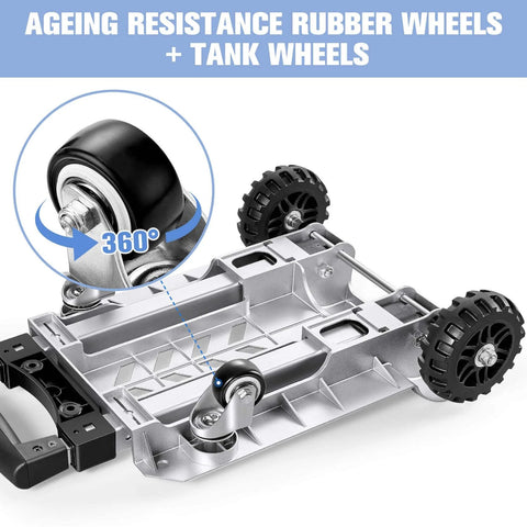 Close-up of 270LBS Utility Luggage Cart with 4 Wheels showing advanced tank wheels and 360-degree rotating rubber wheel.