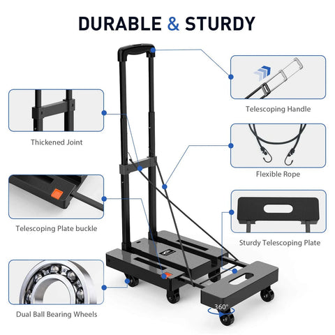 Diagram of ✝️ Folding Hand Truck, 500 LB Heavy Duty Luggage Cart, showing components like telescoping handle and rubber wheels.