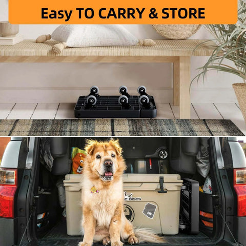 folding heavy duty hand truck 500 lb luggage cart with 6 wheels and straps stored compactly under a bench