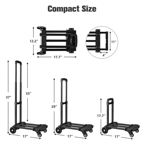 Foldable Luggage Cart for Travel & Moving, 290lbs Dolly Cart with Wheels, dimensions shown for compact storage design