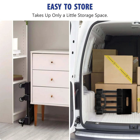 600 LBS Folding Hand Truck with 6 Wheels shown stored compactly beside furniture and in van with boxes